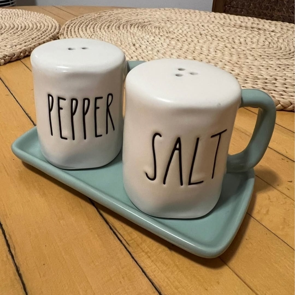 Rae Dunn "Artisan Collection" White Salt and Pepper Shakers with Green Tray Set - Picture 5 of 9